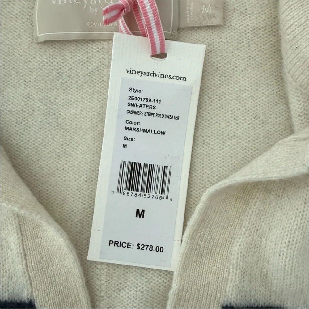 Vineyard Vines 100% Cashmere V Neck Polo  Sweater Nautical Blue Cream Stripe M - Picture 2 of 4
